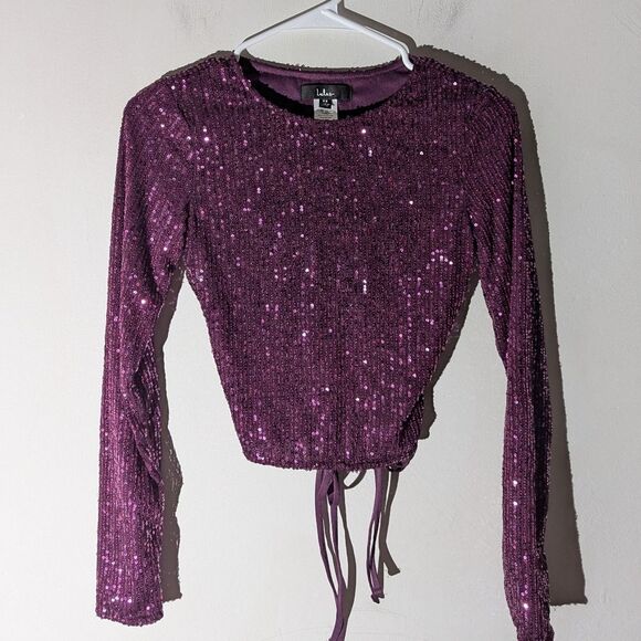 Lulu's Brilliant Shine Plum Purple Sequin Tie Back Open Cutout Crop Top Shirt XS - Picture 3 of 6